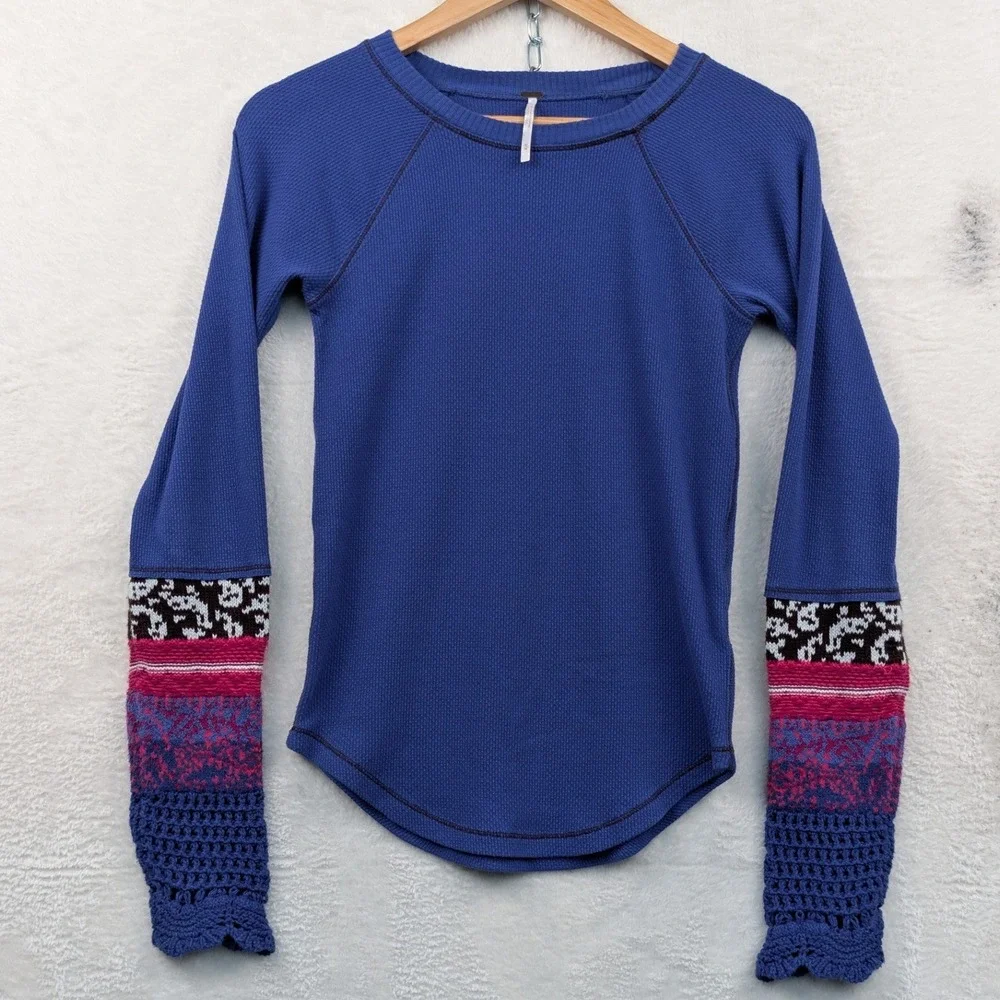 Free People Thermal Top Women's S Blue Boho Crochet Cuff Waffle Knit Slim Fit